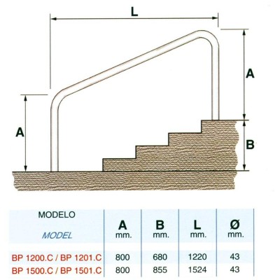 Zábradlí ke schodům, výška 660 mm, pevná příruba